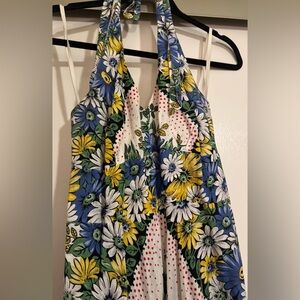 Anthropologie Halter Maxi Dress with Blue and Yellow Flowers
